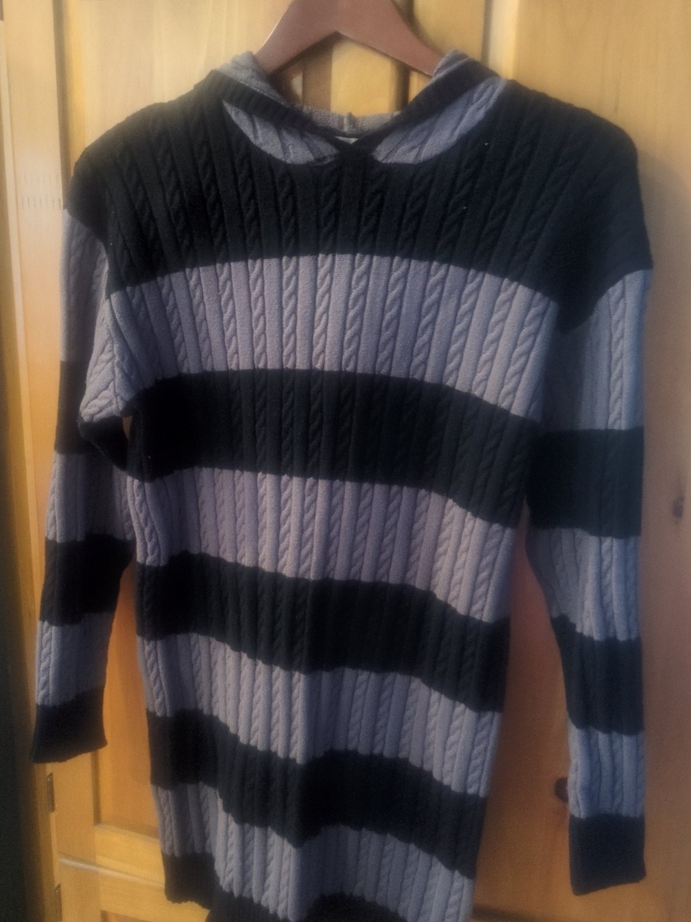 J for Justify Women's Crewneck Cable Knit Sweater - Black and Gray Stripes